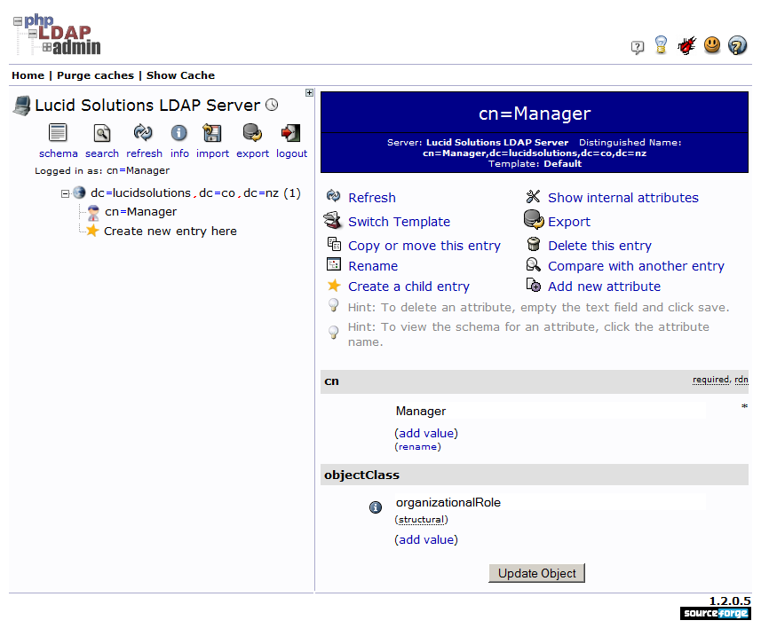 phpLDAPAdmin showing Manager user