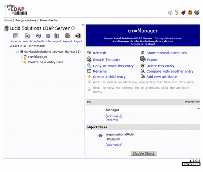 phpLDAPAdmin showing Manager user