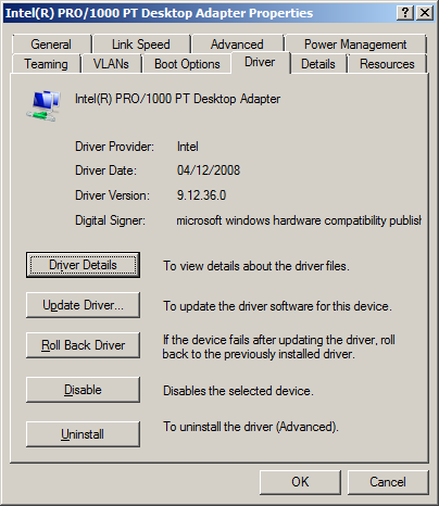 Intel(R) PRO/1000 PT Desktop Adapter Properties - Driver