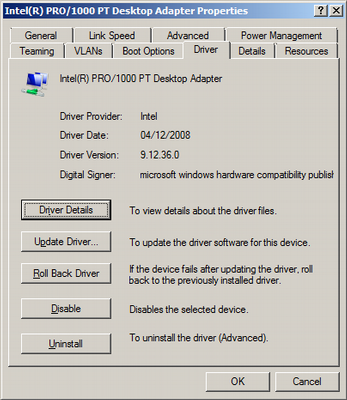 Intel(R) PRO/1000 PT Desktop Adapter Properties - Driver