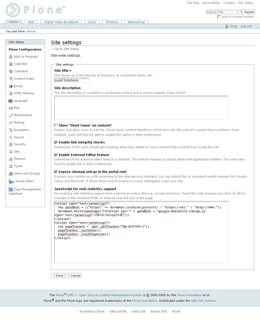 Screensnap of google analytics code in Plone 3 site setup