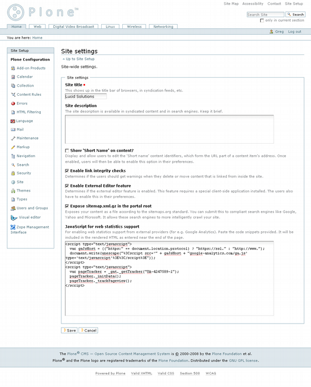 Screensnap of google analytics code in Plone 3 site setup